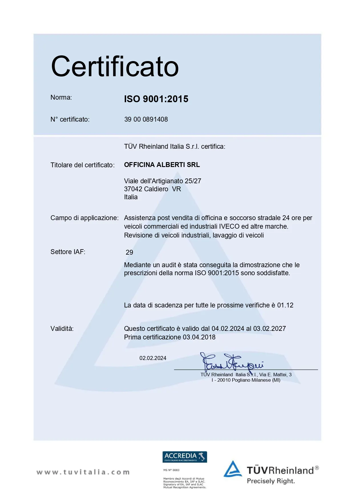 Certificato ISO 9001:2015